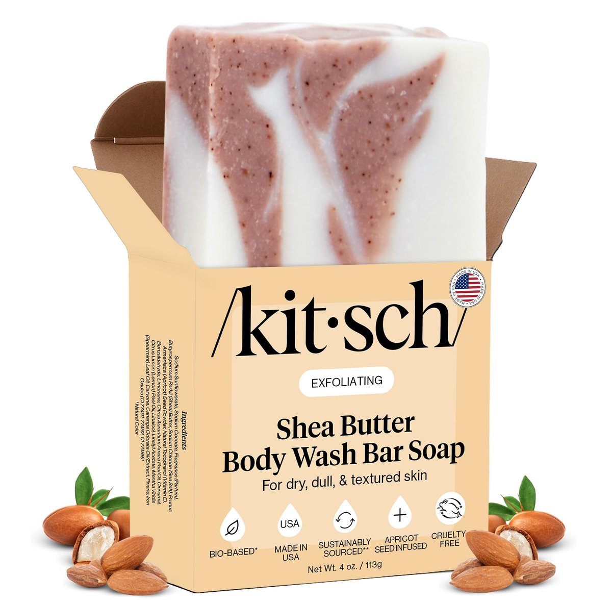 Kitsch Shea Butter Body Wash Bar – Feuchtigkeitsspendender, pflanzlicher Peeling-Körperreiniger – Paraben-, Silikon- & Sulfatfrei, vegan – Hergestellt in USA, 113 g