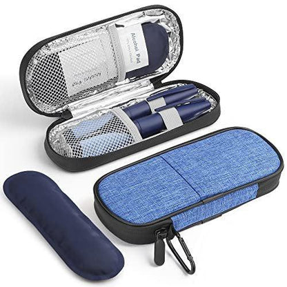 Gelozid Insulin Kühltasche für Reisen - Diabetiker Medikamentenkühler isolierte Aufbewahrung mit 2 wiederverwendbaren Kühlakkus für Insulin-Pens und Zubehör, für den täglichen Gebrauch und Reisen (Blau)