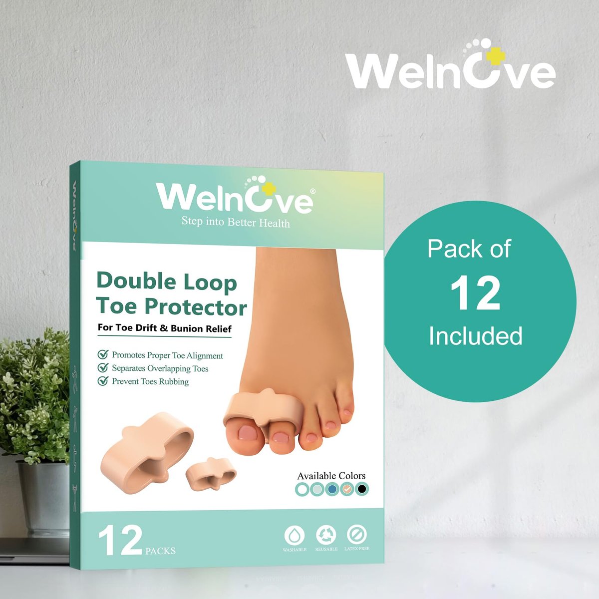 Welnove 12er-Pack Zehenkorrektor, Zehenspreizer mit 2 Schlaufen, Großer Zehenspreizer geeignet für Ballenzehen und überlappende Zehen (Beige)