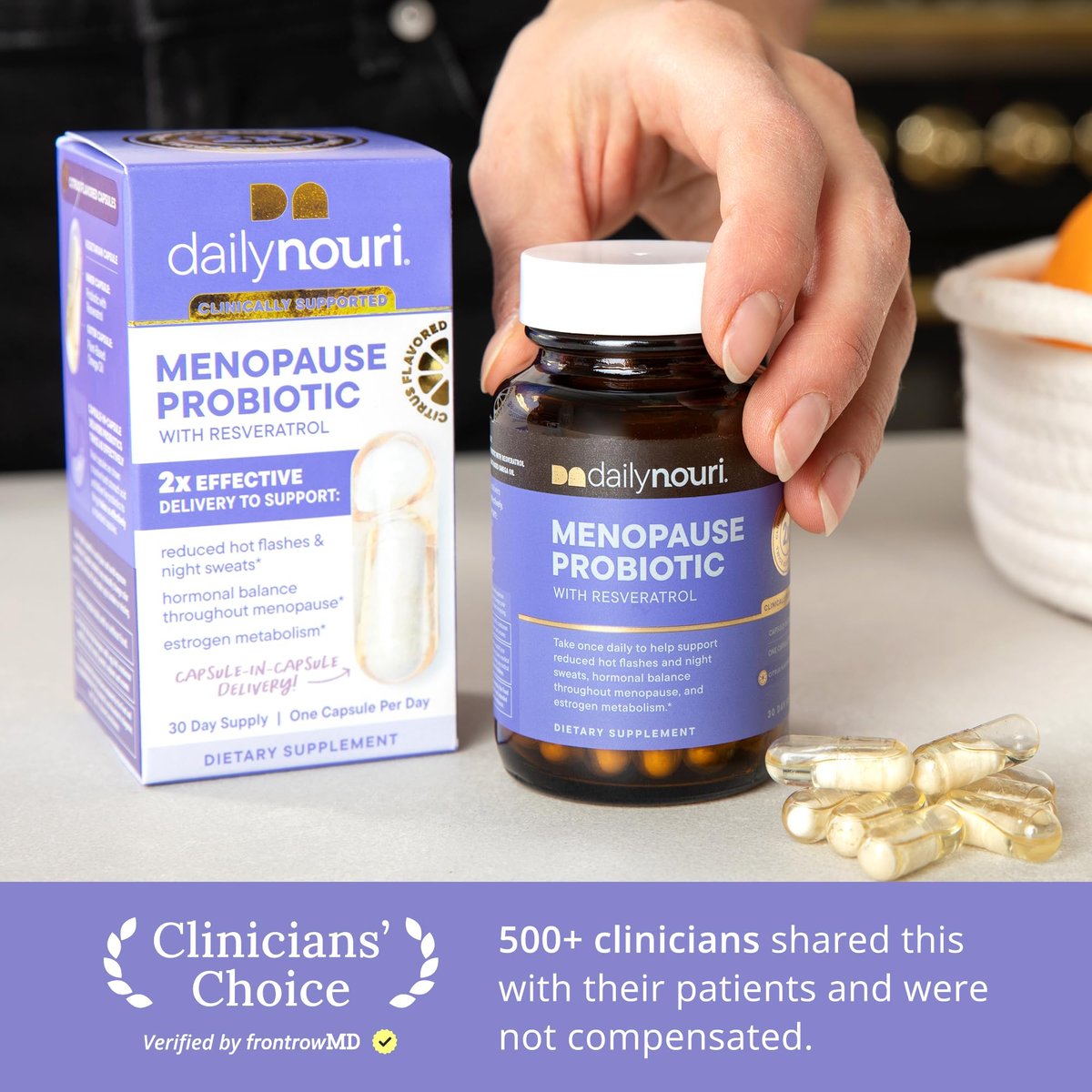 Daily Nouri Menopause Probiotika für Frauen | Hormonelles Gleichgewicht, Hitzewallungen, Nachtschweiß & Darmgesundheit | 3 klinisch geprüfte Stämme + Resveratrol & Omega | 30-Tage-Vorrat