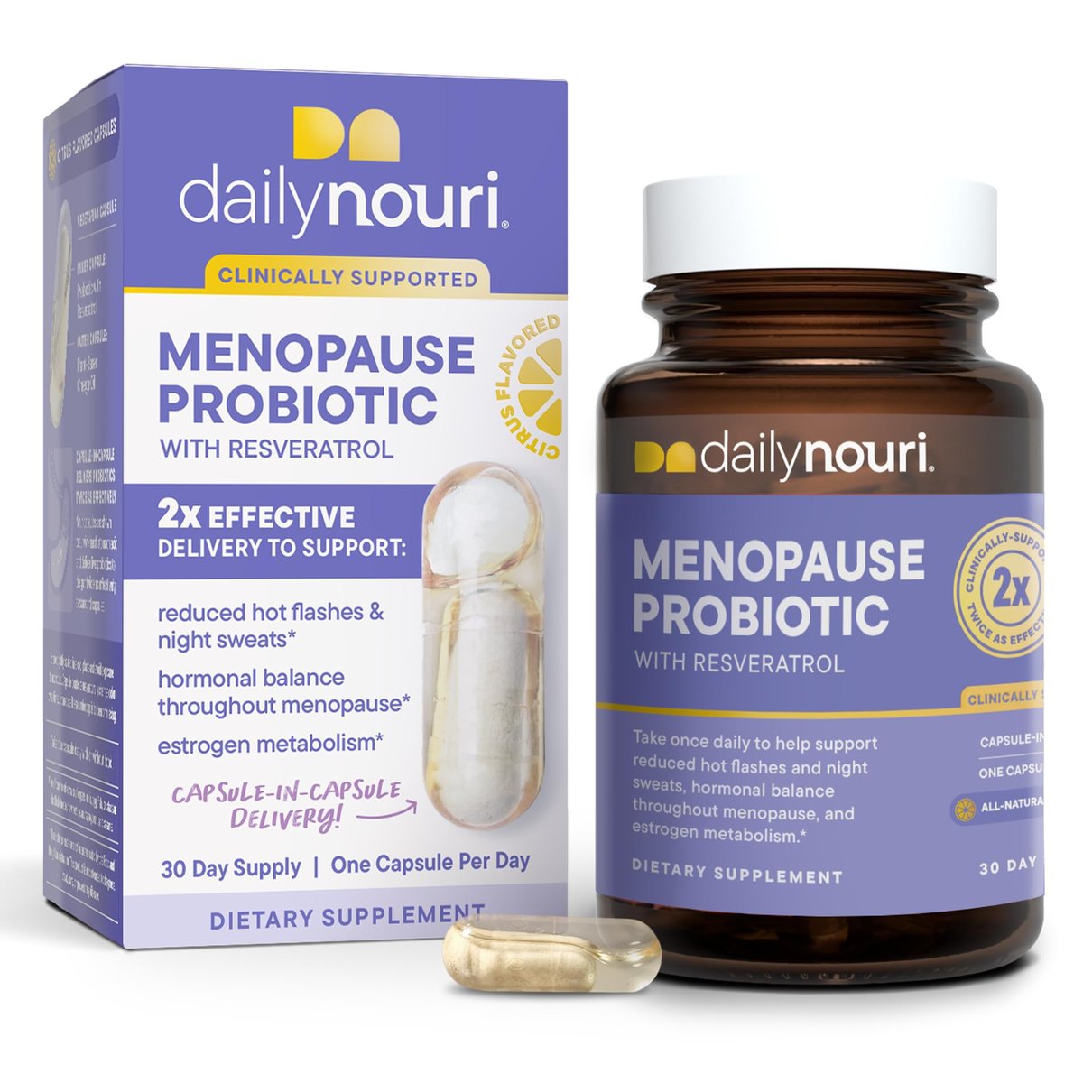 Daily Nouri Menopause Probiotika für Frauen | Hormonelles Gleichgewicht, Hitzewallungen, Nachtschweiß & Darmgesundheit | 3 klinisch geprüfte Stämme + Resveratrol & Omega | 30-Tage-Vorrat