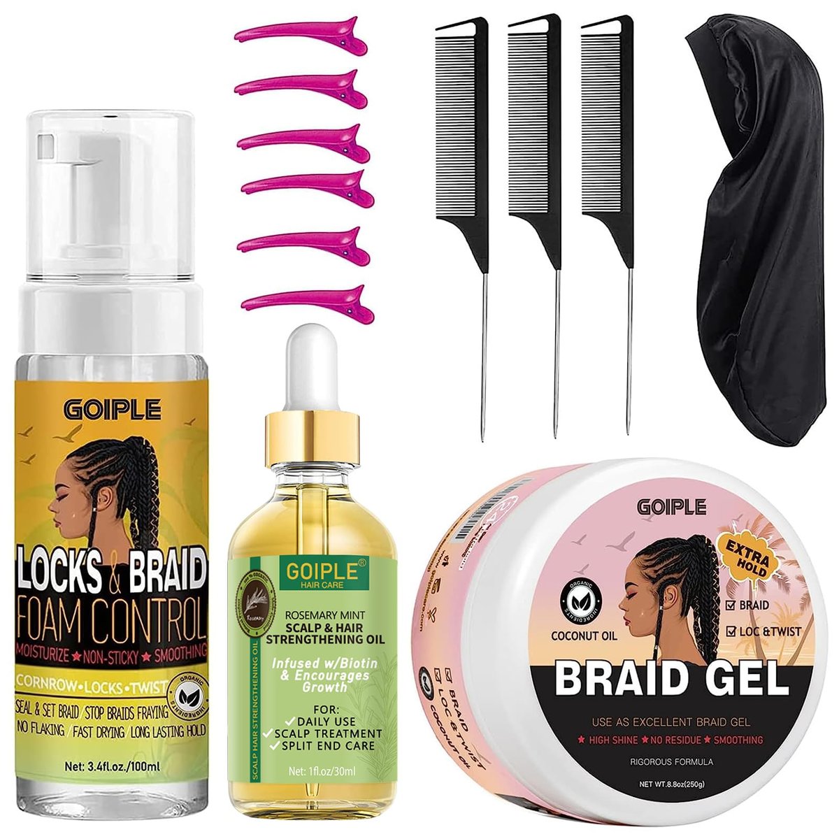 Extra Starker Styling Gel und Mousse für Zöpfe, Twists, Locs, Cornrows – Frizz-Kontrolle, Glättung & Edge Control mit Rosmarin-Haarwachstumsöl (Bonus: Haarkämme, Haube, Clips)