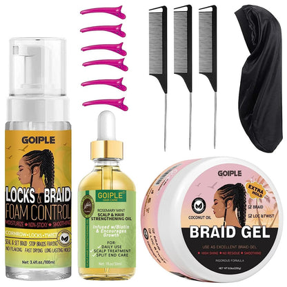 Extra Starker Styling Gel und Mousse für Zöpfe, Twists, Locs, Cornrows – Frizz-Kontrolle, Glättung & Edge Control mit Rosmarin-Haarwachstumsöl (Bonus: Haarkämme, Haube, Clips)