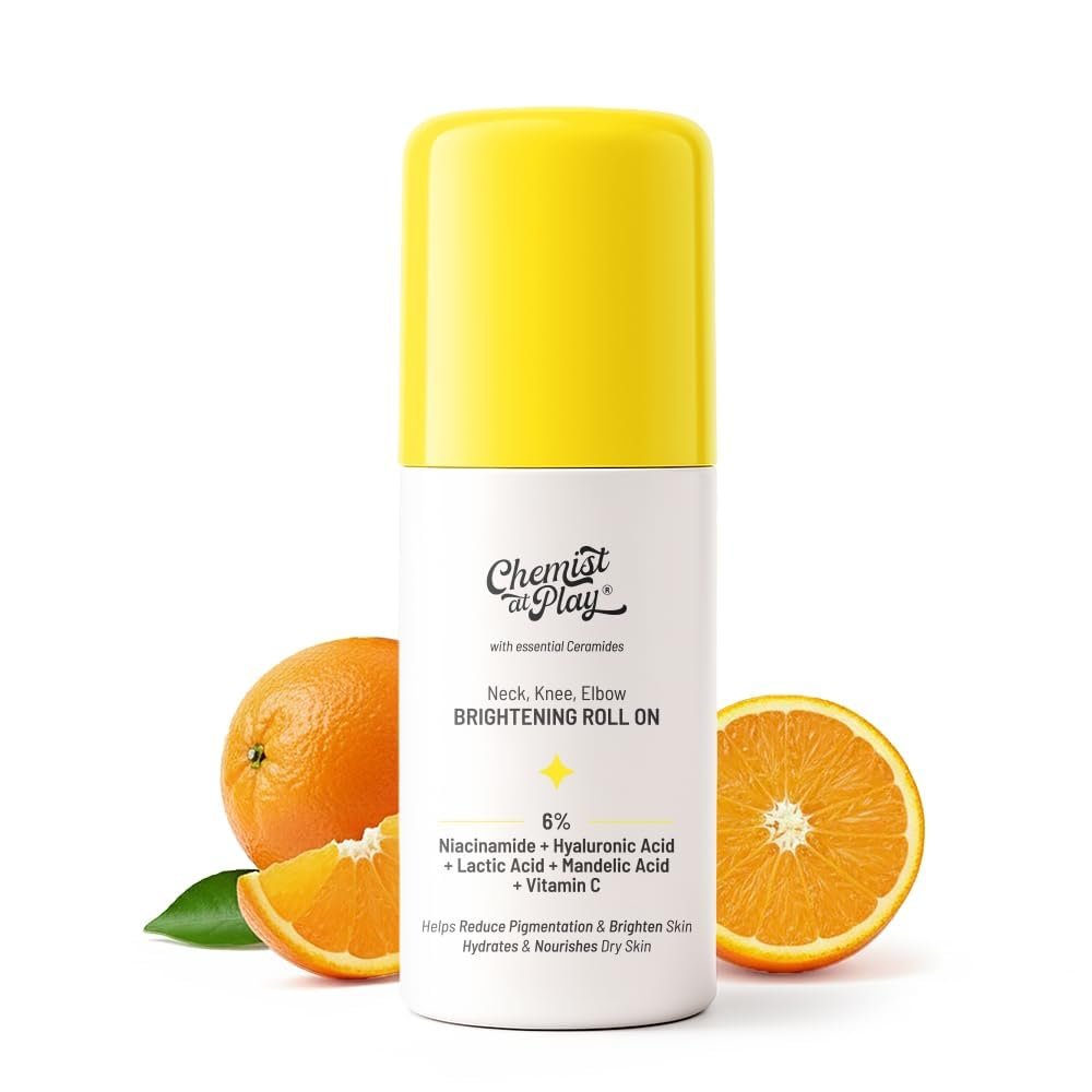Chemist at Play Roll-On Serum für Hals, Knie & Ellbogen mit 6% Vitamin C, Hyaluronsäure, AHAs, Niacinamid & Ceramiden | Peelt, entfernt Pigmentierung und hydratisiert trockene Haut | 40 ml