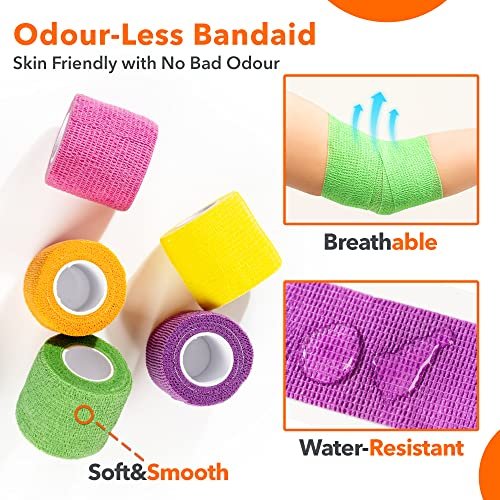 Selbstklebende Bandage 5 cm x 4,5 m – 12er-Pack mehrfarbige Kohäsivbinden, nicht gewebte Tierbandage für Hunde & Haustiere, atmungsaktive elastische Bandage für Knöchel & Gelenkverstauchungen