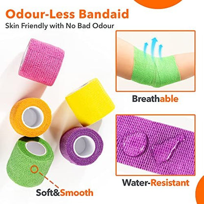 Selbstklebende Bandage 5 cm x 4,5 m – 12er-Pack mehrfarbige Kohäsivbinden, nicht gewebte Tierbandage für Hunde & Haustiere, atmungsaktive elastische Bandage für Knöchel & Gelenkverstauchungen