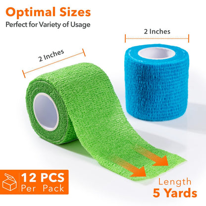 Selbstklebende Bandage 5 cm x 4,5 m – 12er-Pack mehrfarbige Kohäsivbinden, nicht gewebte Tierbandage für Hunde & Haustiere, atmungsaktive elastische Bandage für Knöchel & Gelenkverstauchungen