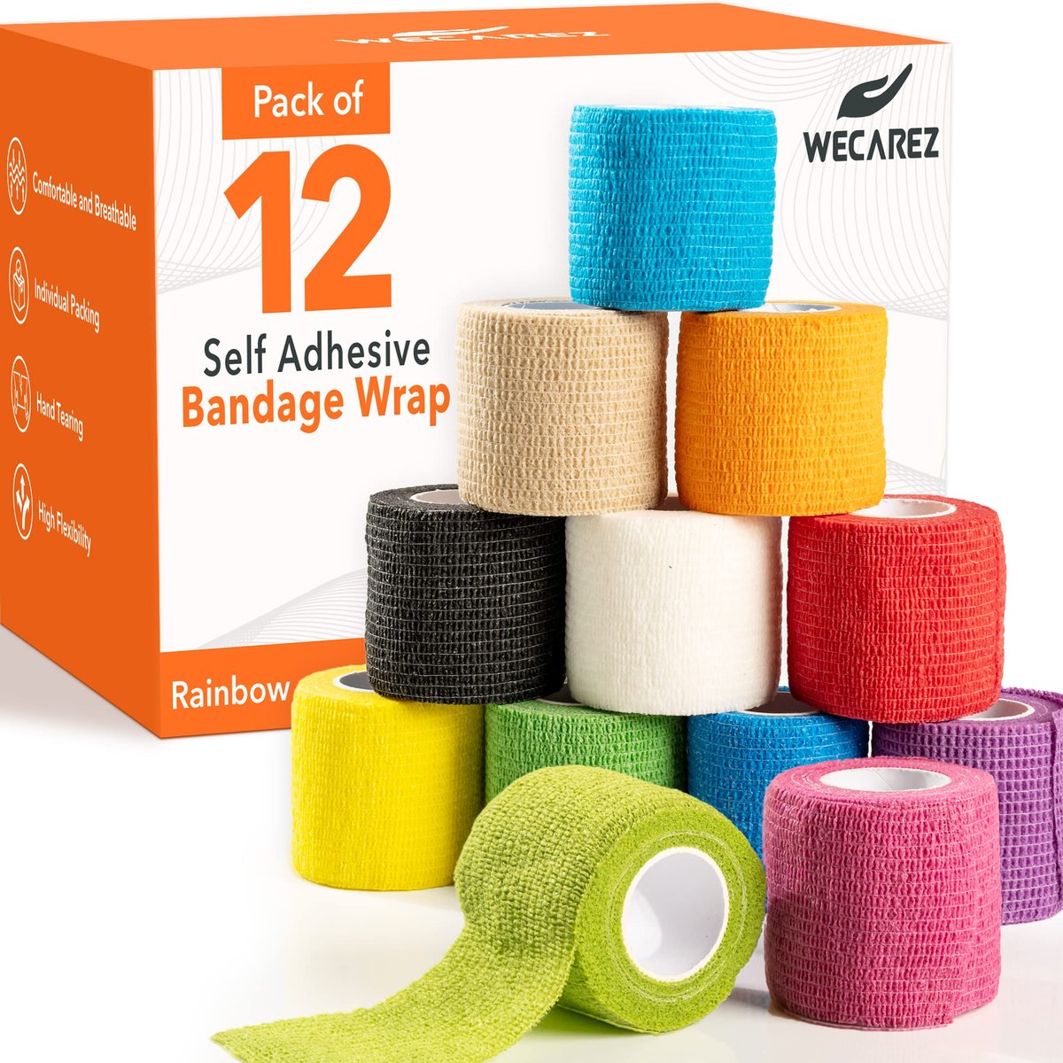 Selbstklebende Bandage 5 cm x 4,5 m – 12er-Pack mehrfarbige Kohäsivbinden, nicht gewebte Tierbandage für Hunde & Haustiere, atmungsaktive elastische Bandage für Knöchel & Gelenkverstauchungen