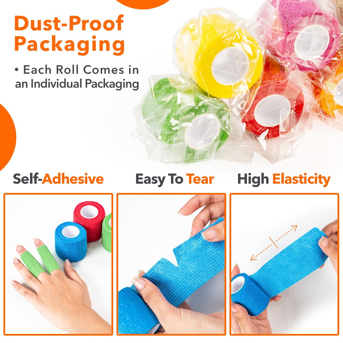 Selbstklebende Bandage 5 cm x 4,5 m – 12er-Pack mehrfarbige Kohäsivbinden, nicht gewebte Tierbandage für Hunde & Haustiere, atmungsaktive elastische Bandage für Knöchel & Gelenkverstauchungen