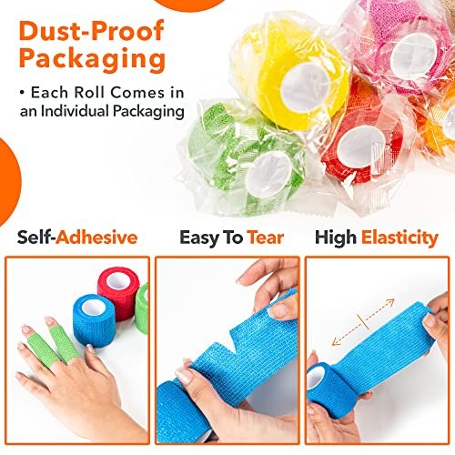 Selbstklebende Bandage 5 cm x 4,5 m – 12er-Pack mehrfarbige Kohäsivbinden, nicht gewebte Tierbandage für Hunde & Haustiere, atmungsaktive elastische Bandage für Knöchel & Gelenkverstauchungen