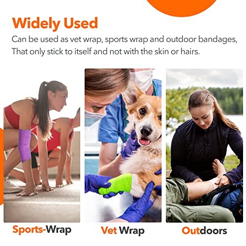 Selbstklebende Bandage 5 cm x 4,5 m – 12er-Pack mehrfarbige Kohäsivbinden, nicht gewebte Tierbandage für Hunde & Haustiere, atmungsaktive elastische Bandage für Knöchel & Gelenkverstauchungen