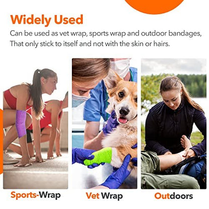 Selbstklebende Bandage 5 cm x 4,5 m – 12er-Pack mehrfarbige Kohäsivbinden, nicht gewebte Tierbandage für Hunde & Haustiere, atmungsaktive elastische Bandage für Knöchel & Gelenkverstauchungen