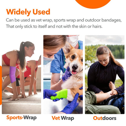 Selbstklebende Bandage 5 cm x 4,5 m – 12er-Pack mehrfarbige Kohäsivbinden, nicht gewebte Tierbandage für Hunde & Haustiere, atmungsaktive elastische Bandage für Knöchel & Gelenkverstauchungen