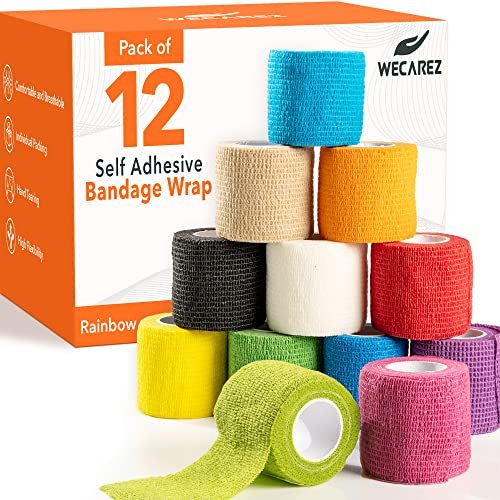 Selbstklebende Bandage 5 cm x 4,5 m – 12er-Pack mehrfarbige Kohäsivbinden, nicht gewebte Tierbandage für Hunde & Haustiere, atmungsaktive elastische Bandage für Knöchel & Gelenkverstauchungen