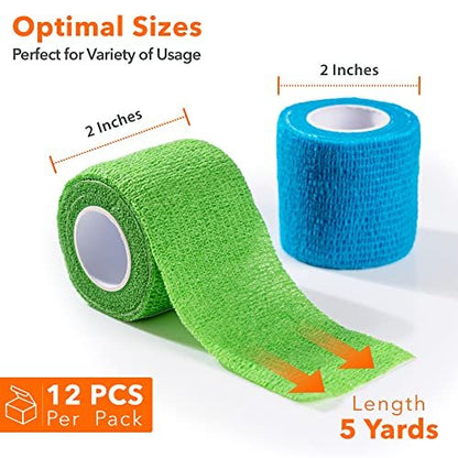 Selbstklebende Bandage 5 cm x 4,5 m – 12er-Pack mehrfarbige Kohäsivbinden, nicht gewebte Tierbandage für Hunde & Haustiere, atmungsaktive elastische Bandage für Knöchel & Gelenkverstauchungen