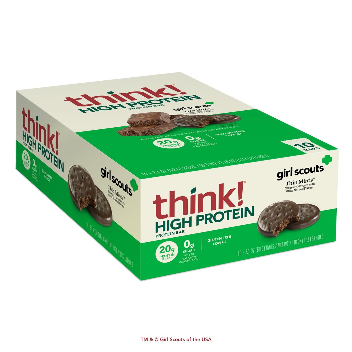 think! Proteinriegel – Dünne Minz-Girl-Scouts-Geschmack, glutenfrei, koscher, 10er-Pack (2,1 Unzen pro Riegel)