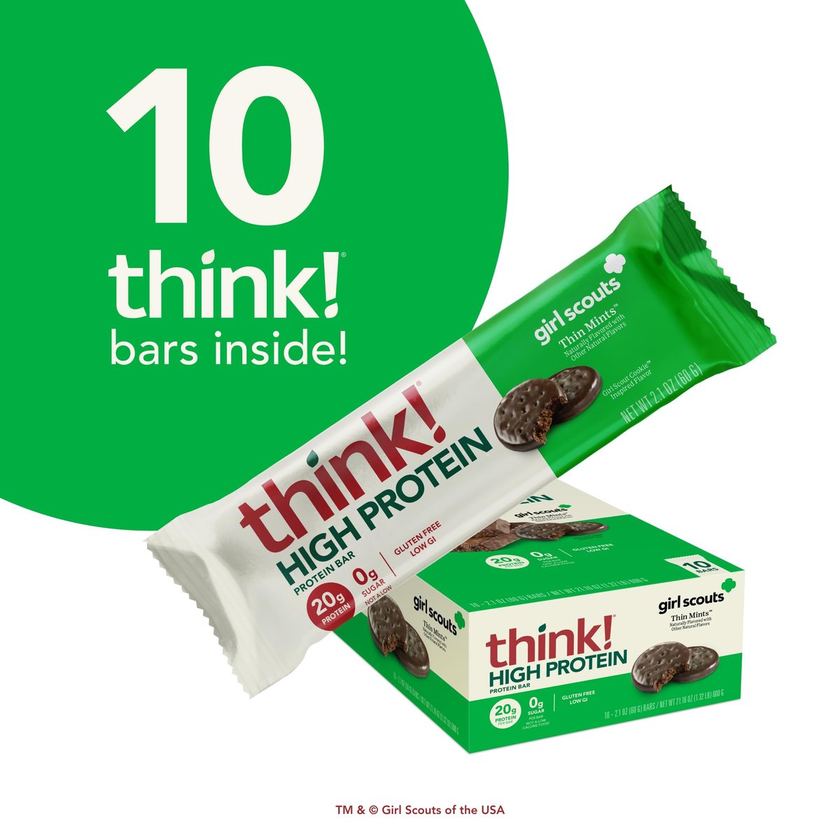 think! Proteinriegel – Dünne Minz-Girl-Scouts-Geschmack, glutenfrei, koscher, 10er-Pack (2,1 Unzen pro Riegel)