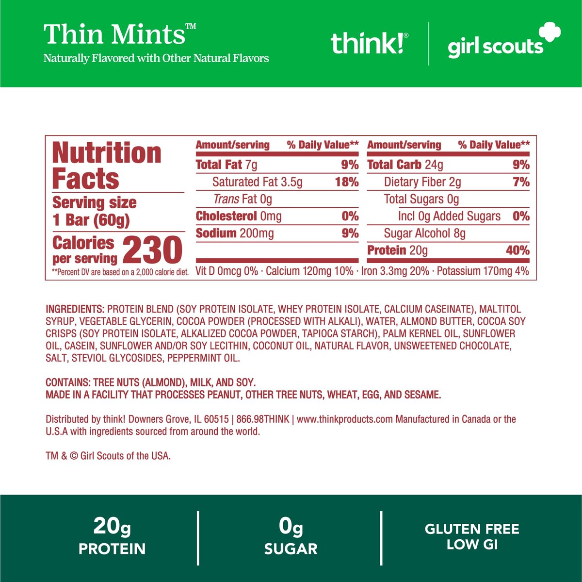 think! Proteinriegel – Dünne Minz-Girl-Scouts-Geschmack, glutenfrei, koscher, 10er-Pack (2,1 Unzen pro Riegel)