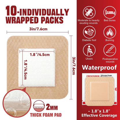 FRESINIDER Silikon-Schaumverband mit Kleberand – Wundverband – Silikon-Schaumstoff-Pad – 10er-Pack – 7,5 x 7,5 cm große wasserdichte Bandagen – Selbstklebende Wundversorgung