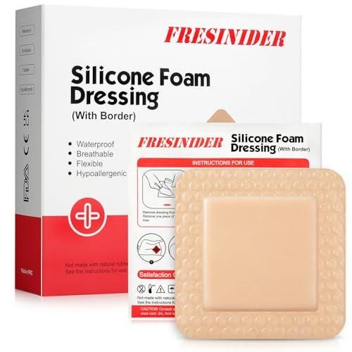 FRESINIDER Silikon-Schaumverband mit Kleberand – Wundverband – Silikon-Schaumstoff-Pad – 10er-Pack – 7,5 x 7,5 cm große wasserdichte Bandagen – Selbstklebende Wundversorgung