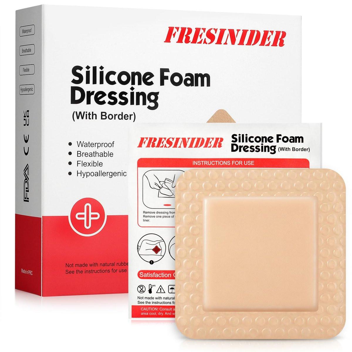 FRESINIDER Silikon-Schaumverband mit Kleberand – Wundverband – Silikon-Schaumstoff-Pad – 10er-Pack – 7,5 x 7,5 cm große wasserdichte Bandagen – Selbstklebende Wundversorgung