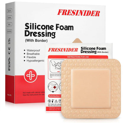 FRESINIDER Silikon-Schaumverband mit Kleberand – Wundverband – Silikon-Schaumstoff-Pad – 10er-Pack – 7,5 x 7,5 cm große wasserdichte Bandagen – Selbstklebende Wundversorgung