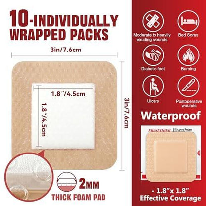 FRESINIDER Silikon-Schaumverband mit Kleberand – Wundverband – Silikon-Schaumstoff-Pad – 10er-Pack – 7,5 x 7,5 cm große wasserdichte Bandagen – Selbstklebende Wundversorgung