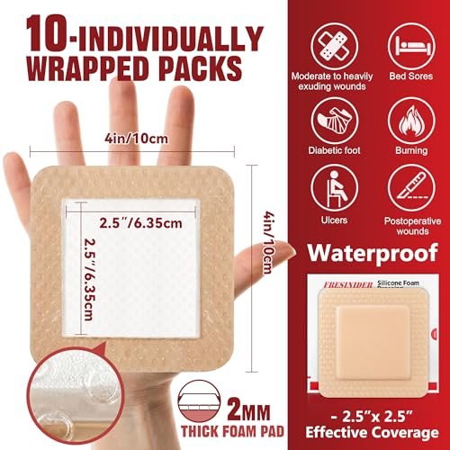 FRESINIDER Silikon-Schaumstoffverband mit Kleberand – Wundversorgung, 10er-Pack, 10x10 cm, wasserdicht, selbstklebend