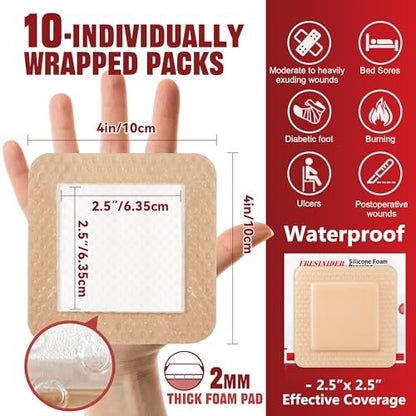 FRESINIDER Silikon-Schaumstoffverband mit Kleberand – Wundversorgung, 10er-Pack, 10x10 cm, wasserdicht, selbstklebend