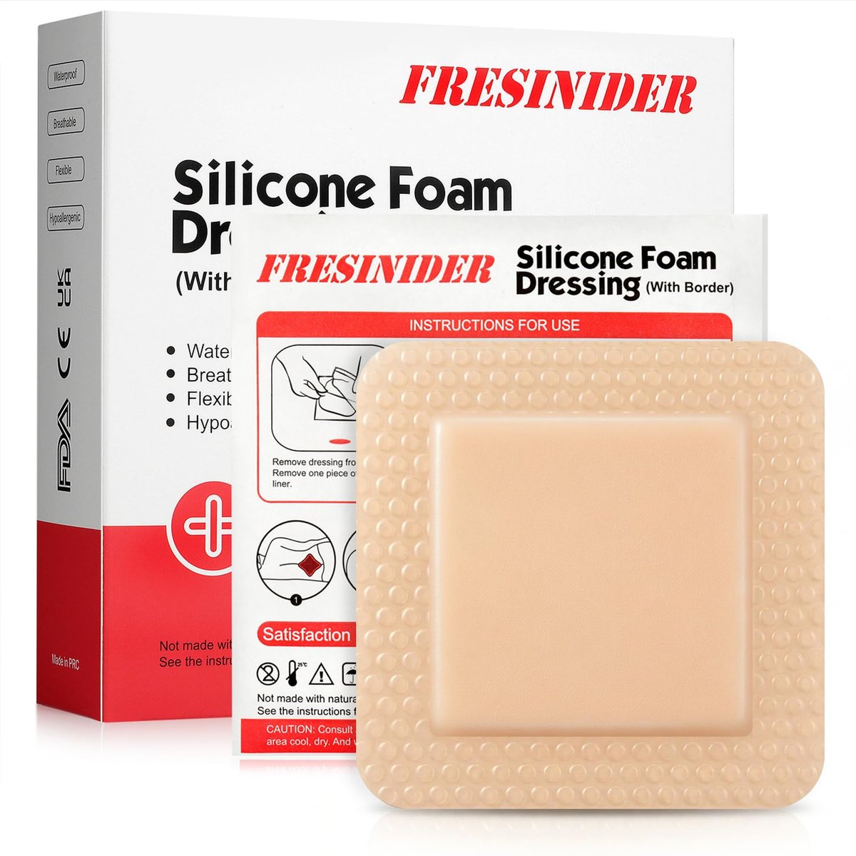 FRESINIDER Silikon-Schaumstoffverband mit Kleberand – Wundversorgung, 10er-Pack, 10x10 cm, wasserdicht, selbstklebend