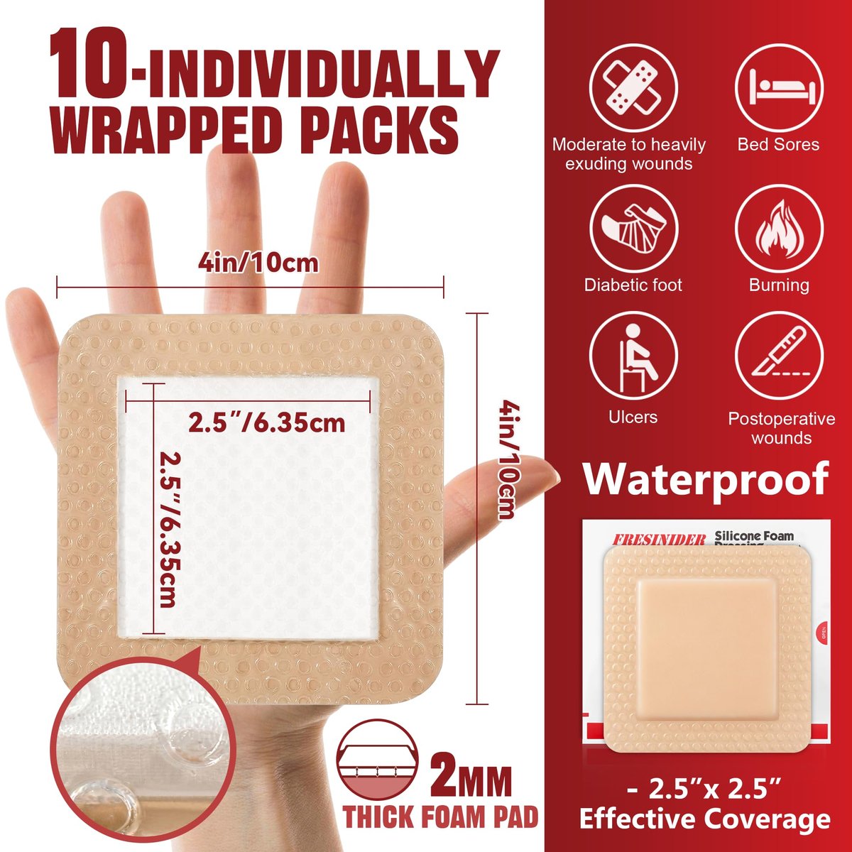 FRESINIDER Silikon-Schaumstoffverband mit Kleberand – Wundversorgung, 10er-Pack, 10x10 cm, wasserdicht, selbstklebend