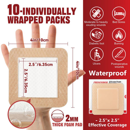 FRESINIDER Silikon-Schaumstoffverband mit Kleberand – Wundversorgung, 10er-Pack, 10x10 cm, wasserdicht, selbstklebend