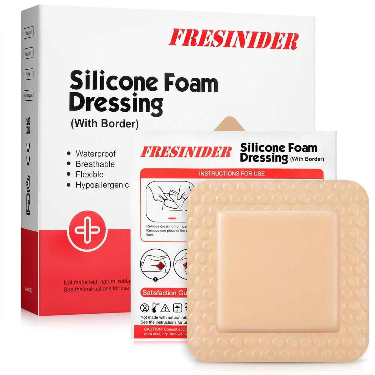 FRESINIDER Silikon-Schaumverband mit Kleberand – Wundverband – Silikon-Schaumpad – Packung mit 5 – 3 x 3 Zoll große wasserdichte Verbände – Selbstklebende Wundversorgung
