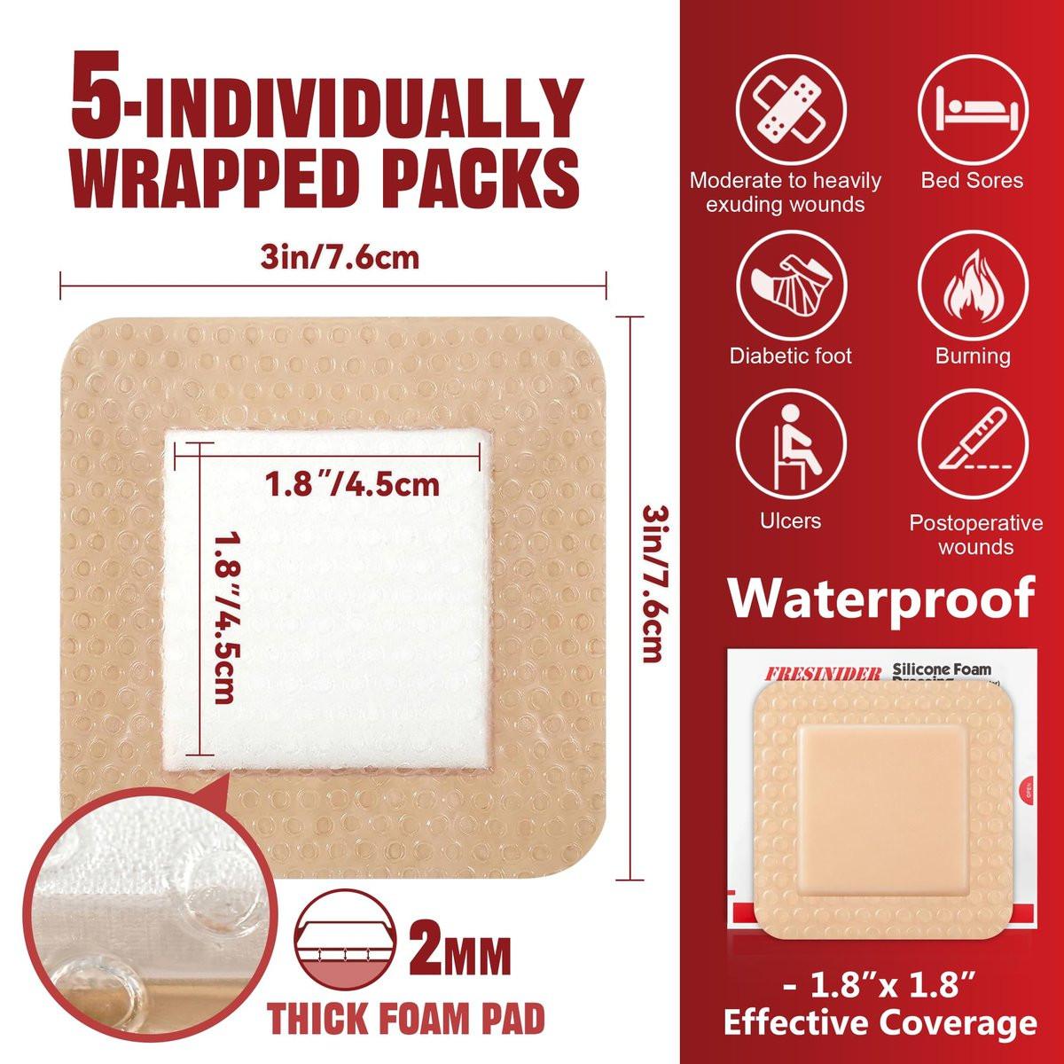FRESINIDER Silikon-Schaumverband mit Kleberand – Wundverband – Silikon-Schaumpad – Packung mit 5 – 3 x 3 Zoll große wasserdichte Verbände – Selbstklebende Wundversorgung