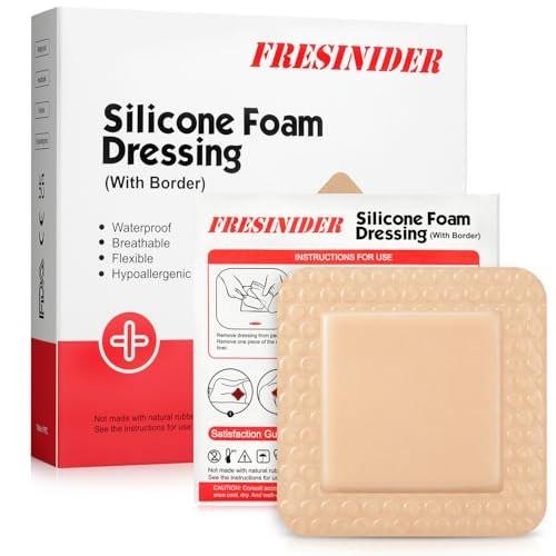 FRESINIDER Silikon-Schaumverband mit Kleberand – Wundverband – Silikon-Schaumpad – Packung mit 5 – 3 x 3 Zoll große wasserdichte Verbände – Selbstklebende Wundversorgung