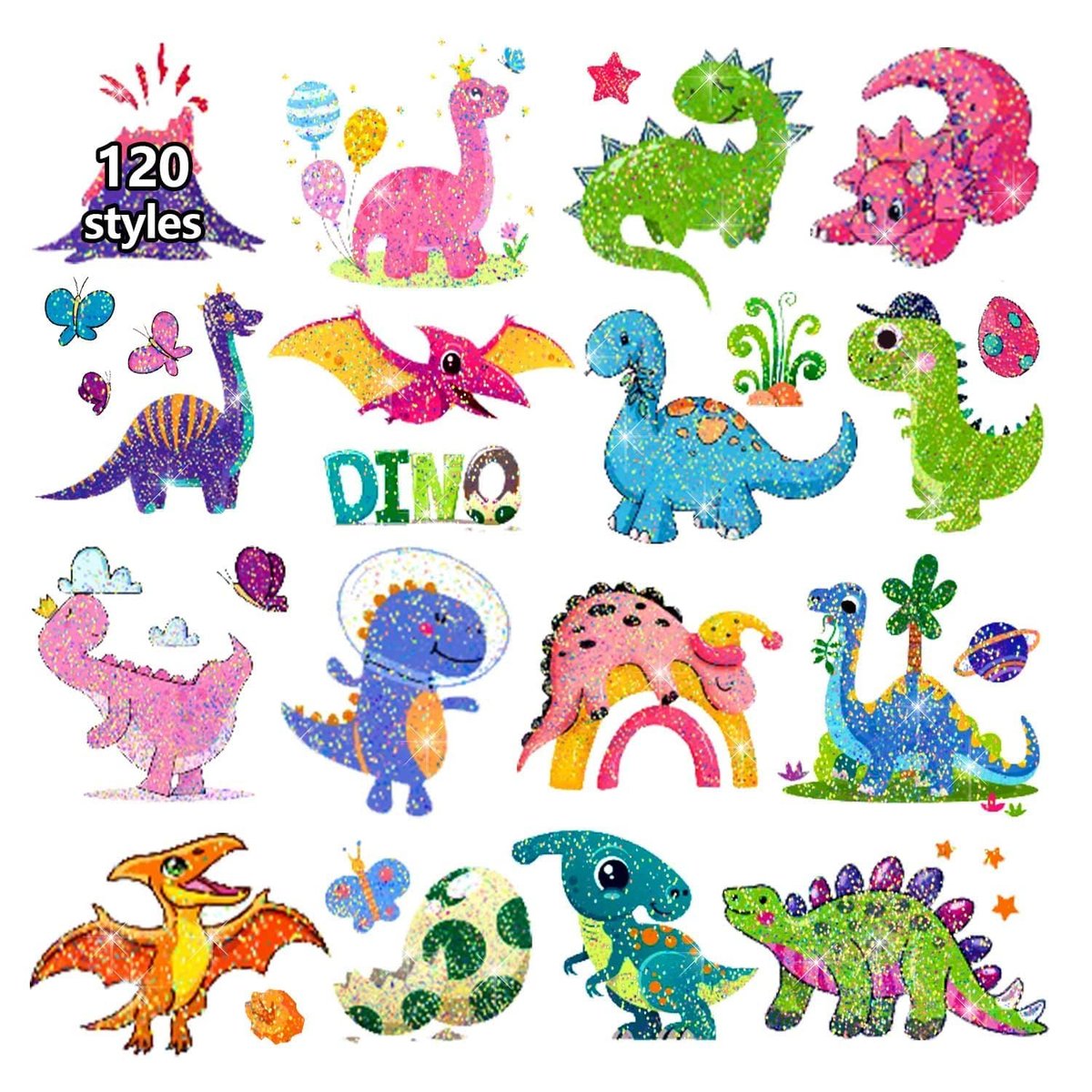 Partywind 120 Glitzer Dinosaurier Tattoos für Kindergeburtstagspartys, Dinosaurier Geburtstagsfeier Dekorationen, temporäre Tattoo Aufkleber für Jungen und Mädchen (12 Blätter)