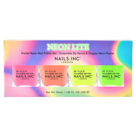 Nails Inc Neon Lite Nagellack Quad – Neon-Glanz-Effekte, schnell trocknend, langanhaltend, splitterresistent, 4er-Set
