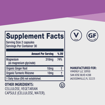 VIMERGY Magnesium Glycinat – Stressunterstützung – Chelatiert zur Vermeidung von Magenbeschwerden* – Fördert Herzgesundheit & Energie* – Koscher, Vegan, Glutenfrei – 60 Kapseln