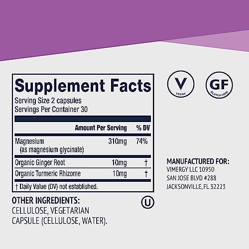 VIMERGY Magnesium Glycinat – Stressunterstützung – Chelatiert zur Vermeidung von Magenbeschwerden* – Fördert Herzgesundheit & Energie* – Koscher, Vegan, Glutenfrei – 60 Kapseln