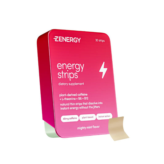 ZENERGY Energy Oral Strips Minze – 40 mg Koffein + 30 mg L-Theanin + 100% Vitamin B6 & B12 | 0 Zucker, 0 Kalorien, 0 Gluten, 0 Aspartam, Vegan, Pflanzlich, Sofortwirkung | 1 Dose = 30 Streifen