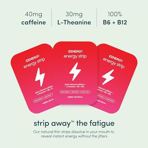 ZENERGY Energy Oral Strips Minze – 40 mg Koffein + 30 mg L-Theanin + 100% Vitamin B6 & B12 | 0 Zucker, 0 Kalorien, 0 Gluten, 0 Aspartam, Vegan, Pflanzlich, Sofortwirkung | 1 Dose = 30 Streifen