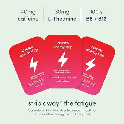 ZENERGY Energy Oral Strips Minze – 40 mg Koffein + 30 mg L-Theanin + 100% Vitamin B6 & B12 | 0 Zucker, 0 Kalorien, 0 Gluten, 0 Aspartam, Vegan, Pflanzlich, Sofortwirkung | 1 Dose = 30 Streifen