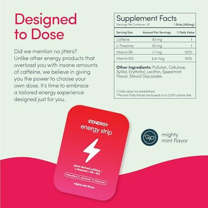 ZENERGY Energy Oral Strips Minze – 40 mg Koffein + 30 mg L-Theanin + 100% Vitamin B6 & B12 | 0 Zucker, 0 Kalorien, 0 Gluten, 0 Aspartam, Vegan, Pflanzlich, Sofortwirkung | 1 Dose = 30 Streifen