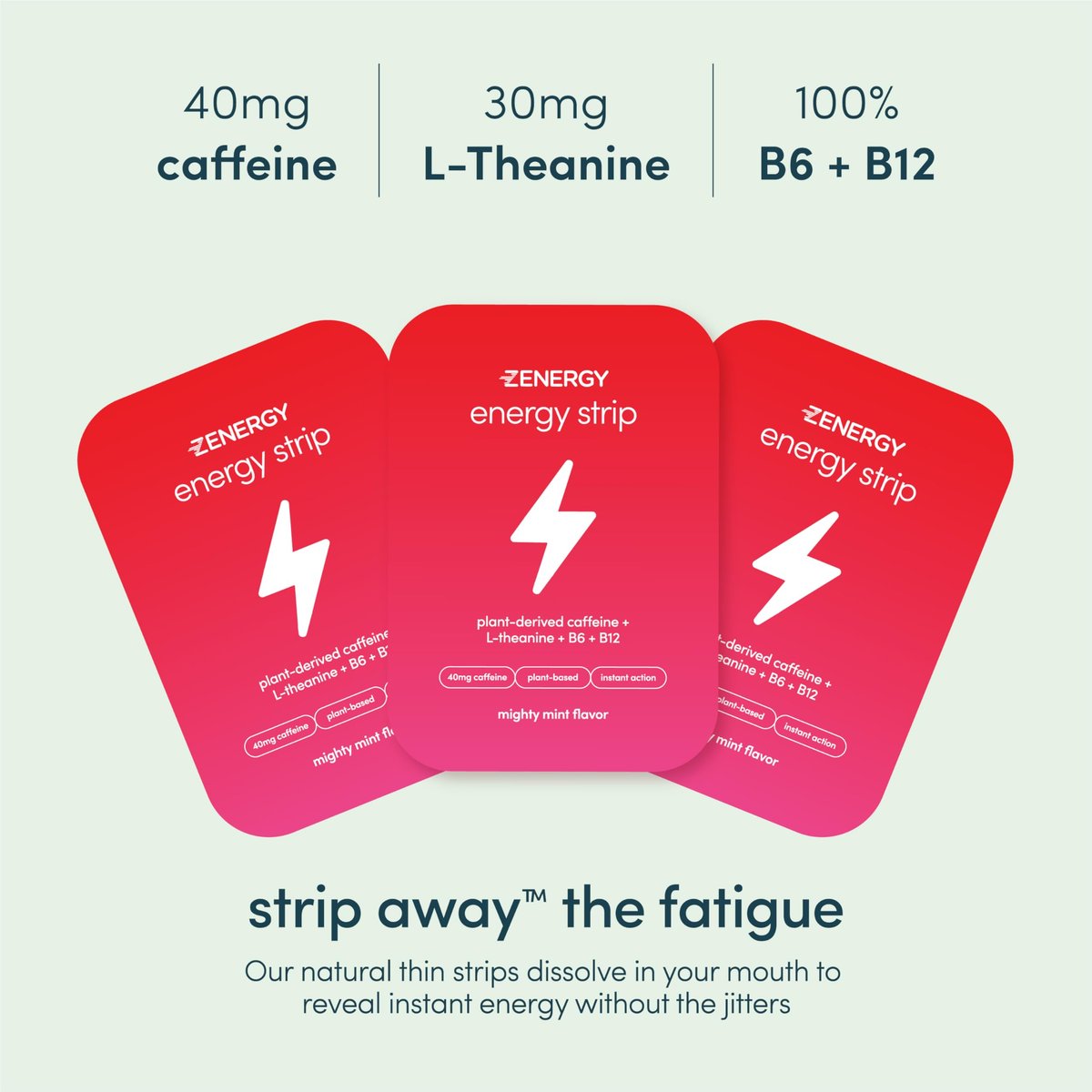 ZENERGY Energy Oral Strips Minze – 40 mg Koffein + 30 mg L-Theanin + 100% Vitamin B6 & B12 | 0 Zucker, 0 Kalorien, 0 Gluten, 0 Aspartam, Vegan, Pflanzlich, Sofortwirkung | 1 Dose = 30 Streifen