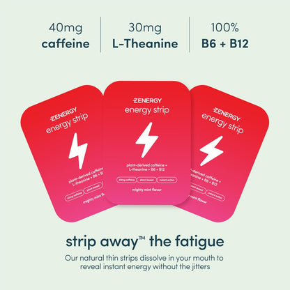 ZENERGY Energy Oral Strips Minze – 40 mg Koffein + 30 mg L-Theanin + 100% Vitamin B6 & B12 | 0 Zucker, 0 Kalorien, 0 Gluten, 0 Aspartam, Vegan, Pflanzlich, Sofortwirkung | 1 Dose = 30 Streifen