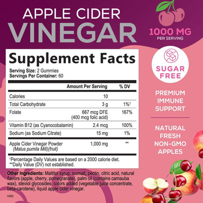 Apfelessig Gummies 1000 mg pro Portion - Zuckerfrei ACV Gummies Vitaminpräparat - Vitamin B12 & B6 für Energie - Verdauung, Entgiftung & Reinigung Unterstützung, Vegan, Glutenfrei, Nicht-GVO - 120 Gummies