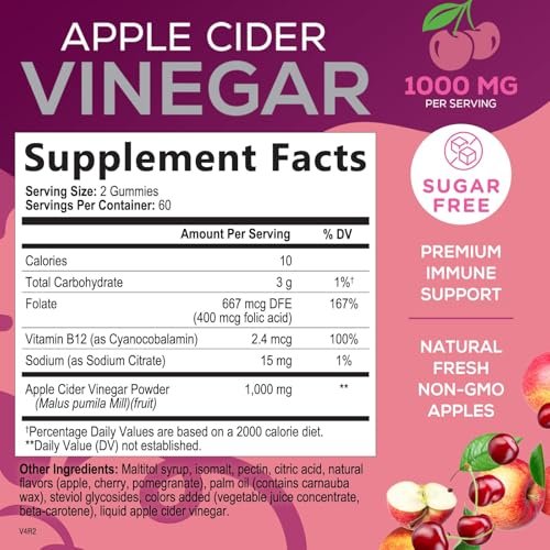 Apfelessig Gummies 1000 mg pro Portion - Zuckerfrei ACV Gummies Vitaminpräparat - Vitamin B12 & B6 für Energie - Verdauung, Entgiftung & Reinigung Unterstützung, Vegan, Glutenfrei, Nicht-GVO - 120 Gummies