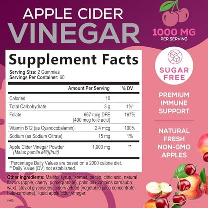 Apfelessig Gummies 1000 mg pro Portion - Zuckerfrei ACV Gummies Vitaminpräparat - Vitamin B12 & B6 für Energie - Verdauung, Entgiftung & Reinigung Unterstützung, Vegan, Glutenfrei, Nicht-GVO - 120 Gummies