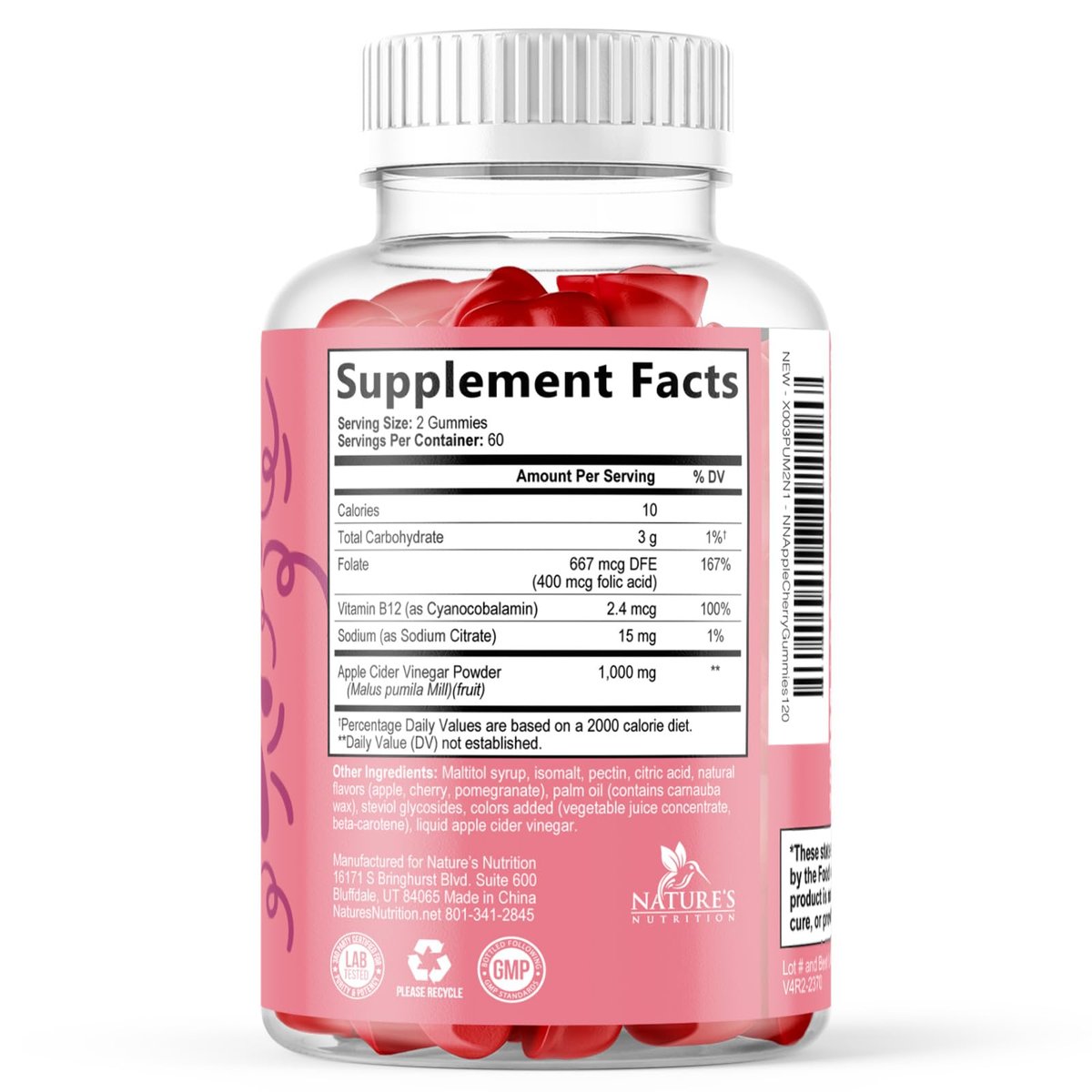 Apfelessig Gummies 1000 mg pro Portion - Zuckerfrei ACV Gummies Vitaminpräparat - Vitamin B12 & B6 für Energie - Verdauung, Entgiftung & Reinigung Unterstützung, Vegan, Glutenfrei, Nicht-GVO - 120 Gummies