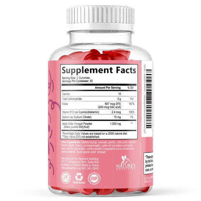 Apfelessig Gummies 1000 mg pro Portion - Zuckerfrei ACV Gummies Vitaminpräparat - Vitamin B12 & B6 für Energie - Verdauung, Entgiftung & Reinigung Unterstützung, Vegan, Glutenfrei, Nicht-GVO - 120 Gummies